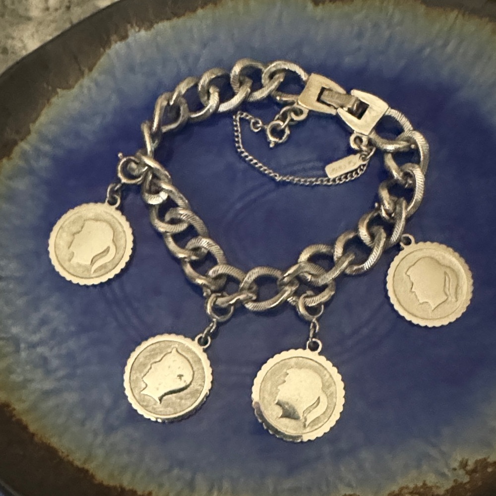 Vintage Monet Silver Chain Bracelet with Coin Detail